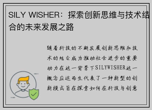 SILY WISHER：探索创新思维与技术结合的未来发展之路